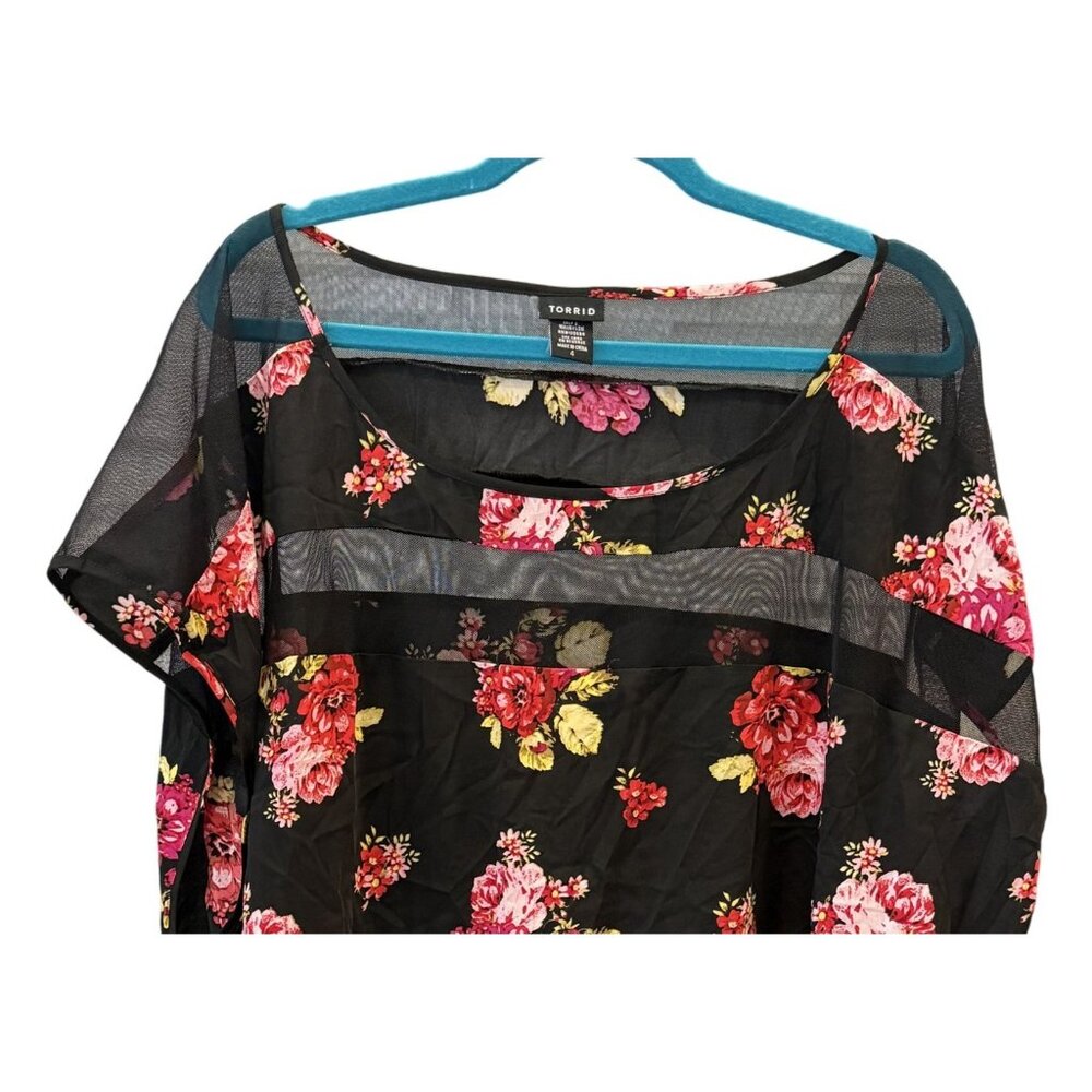 Torrid Womens Floral Mesh Panel Sheer Black Blouse Size 4X Lightweight Flowy Top - Picture 2 of 7
